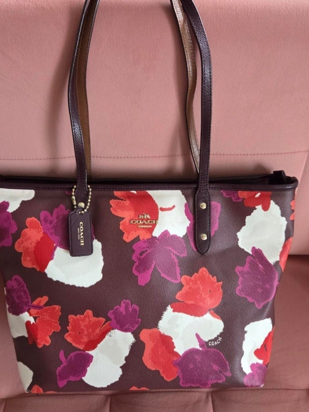 Coach Burgundy Floral Tote with Berry, Red & White Accents
